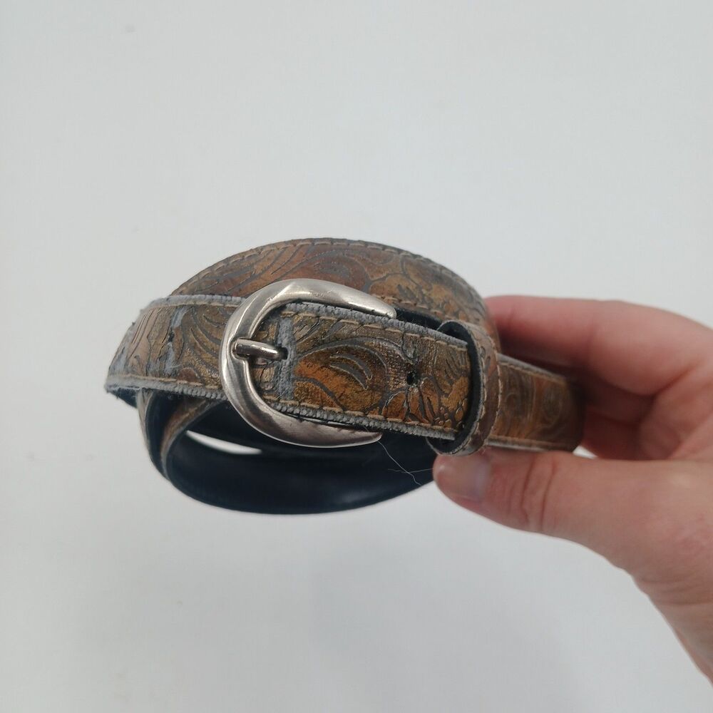 Vintage Hand Tooled Genuine Leather Belt Brown Floral Etched Size Medium
